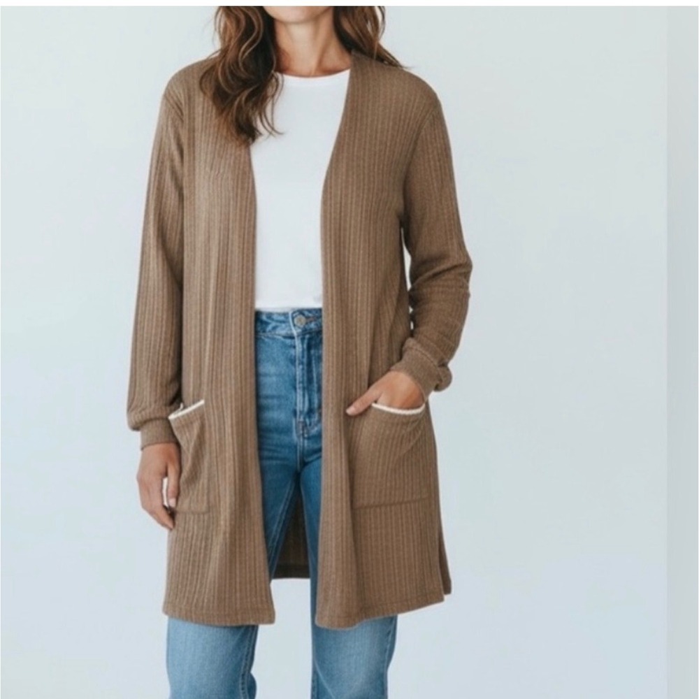 Blu Pepper Brown Cozy Life Open Front Cardigan Lace Trim Pocket Small NWT Whimsy - Picture 3 of 10
